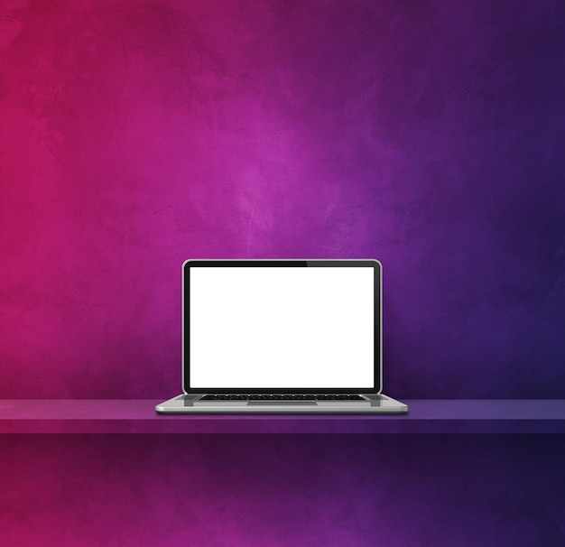 Laptop computer on purple shelf Square background
