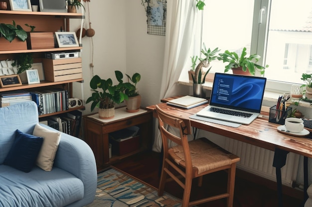 Photo a laptop computer sits atop a sturdy wooden desk providing a workspace for productivity and digital tasks abstract representation of a home office setup ai generated