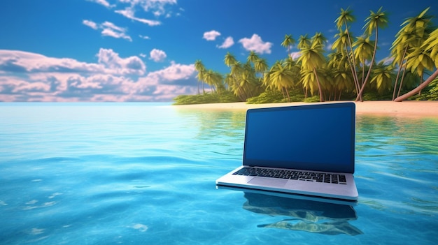 a laptop computer sits in the water with palm trees in the background.