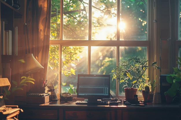 A laptop computer sitting on a desk in front of a window