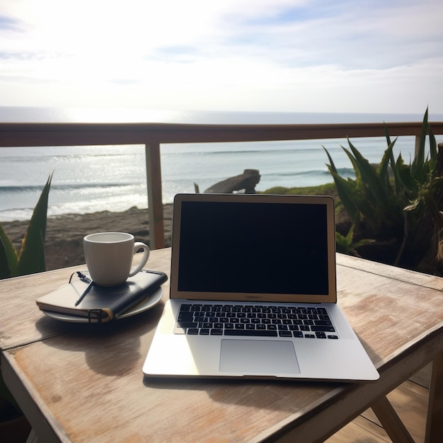 laptop computer sitting on a table with a cup of coffee generative ai