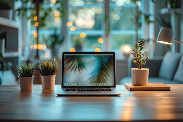 A laptop computer sitting on a table with a plant in the background