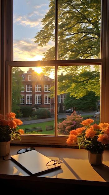 a laptop computer sitting on top of a desk next to a window Window view from university window