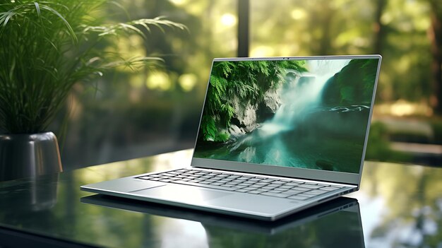 Photo a laptop computer sitting on top of a wooden desk generative ai