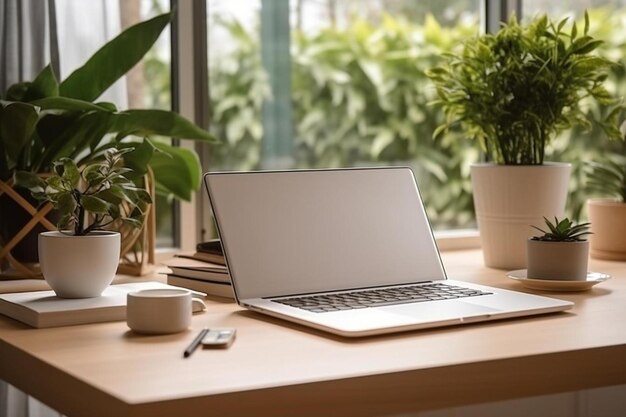 a laptop computer sitting on top of a wooden desk