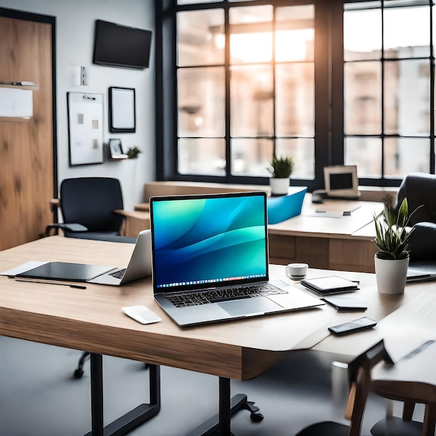 Photo laptop computer standing on wooden desk in workspace with different devices nearby no people at the