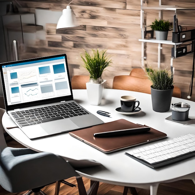 Laptop computer standing on wooden desk in workspace with different devices nearby No people at the