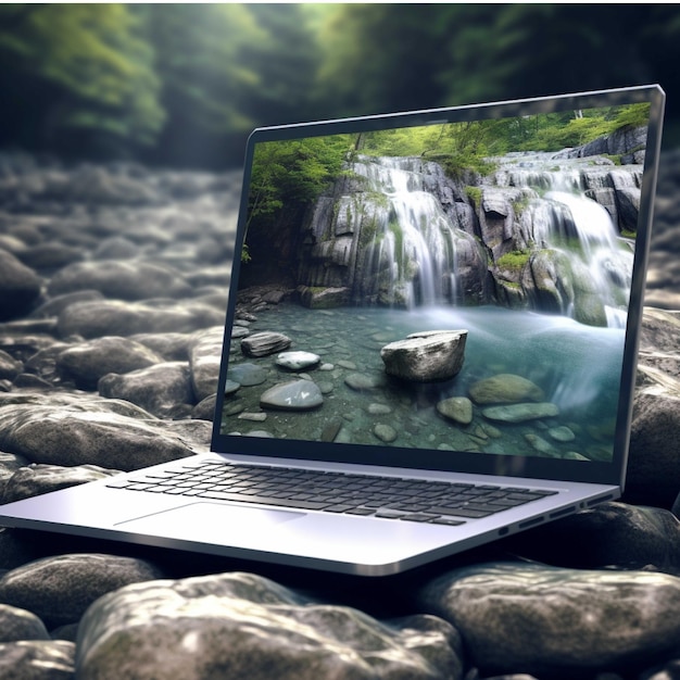 Laptop computer on the stone in the green forest with water background