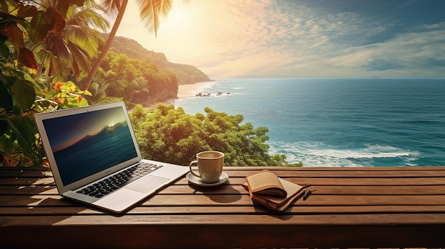 Foto computer portatile sul tavolo con sfondo di paesaggio marino