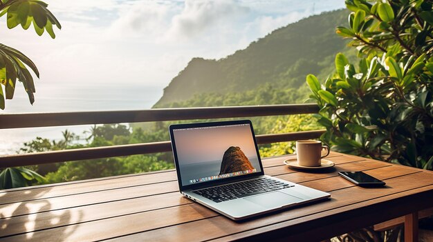 Laptop computer on the table with seascape background