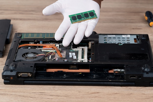 The laptop computer was dismantled to repair internal equipment.