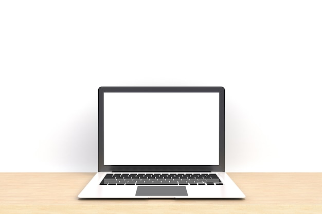 Laptop computer white blank screen on wood work table front view