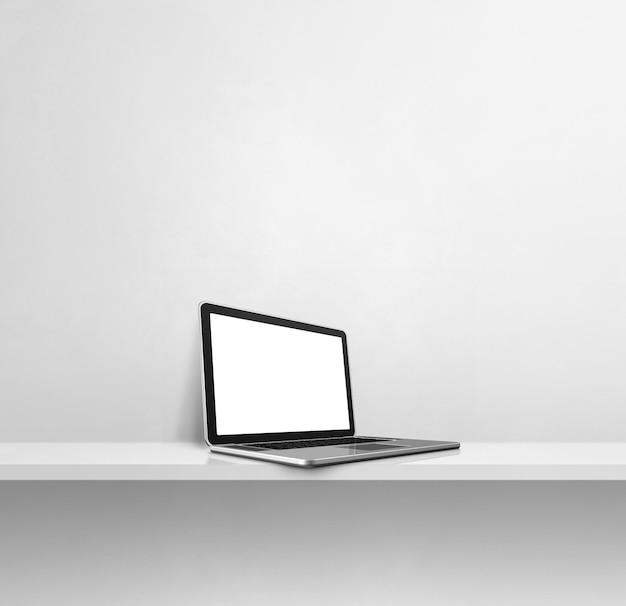 Laptop computer on white concrete shelf. Square background. 3D Illustration