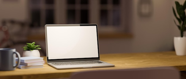 Laptop computer white screen mockup on wooden table in comfortable living room 3d render