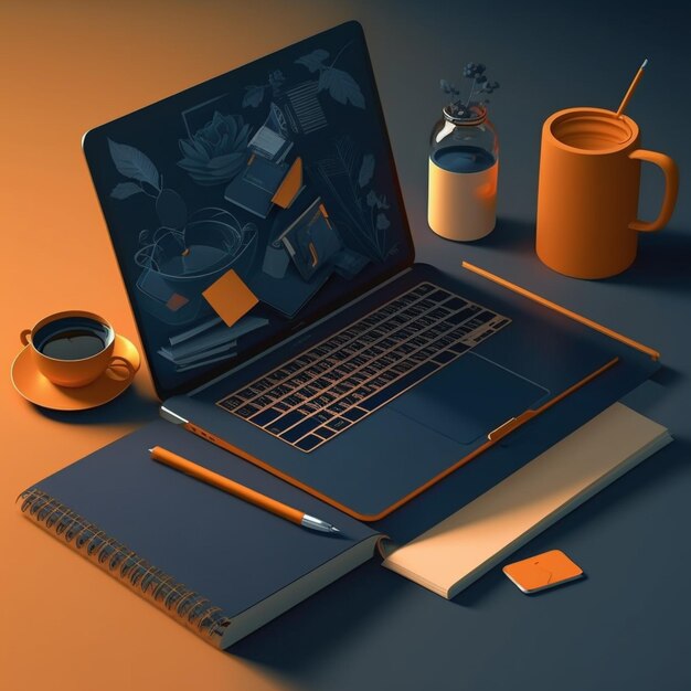 Фото Ноутбук с ручкой и ноутбуком рядом с чашечкой кофе генеративный ай