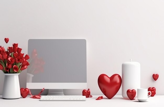 Foto computer portatile con schermo vuoto e cuore rosso in vaso sul tavolo valentine's day concept 3d