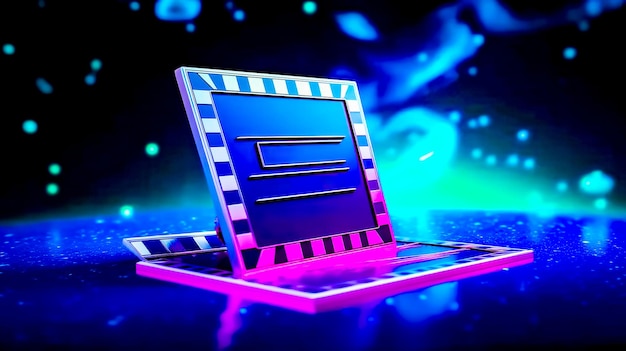 부분에 파란색과 분홍색 디자인이 있는 노트북 컴퓨터