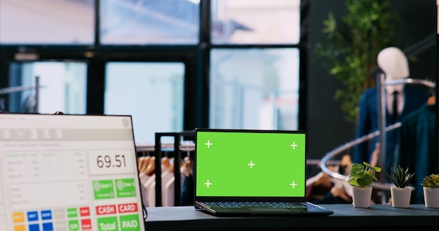 Laptop computer with chroma key green screen mock up display standing on counter desk in modern boutique. In background diverse customers shopping for stylish merchandise in shopping centre