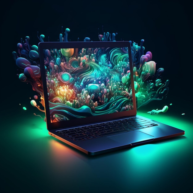 어두운 남색과 갈색 스타일의 화려한 애니메이션 배경 녹색 화면을 갖춘 노트북 컴퓨터