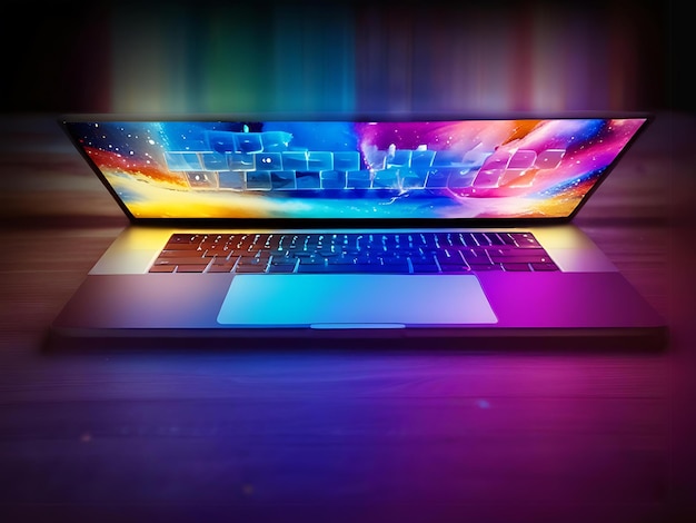 A laptop computer with a colorful glowing screen on a desk in a dark room