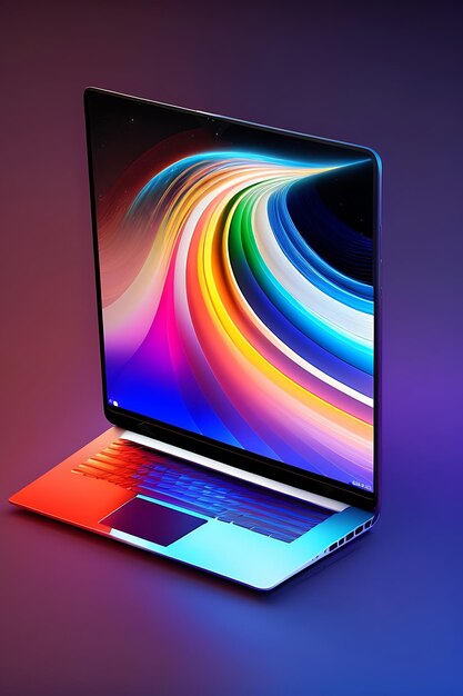 Laptop computer with data waves and technology floating above Colorful motion communication