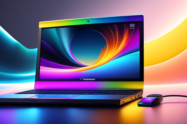 Laptop computer with data waves and technology floating above Colorful motion communication