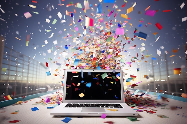 Foto computer portatile con confetti volanti in ufficio