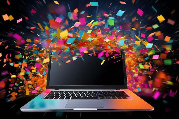 Laptop computer with flying confetti in office