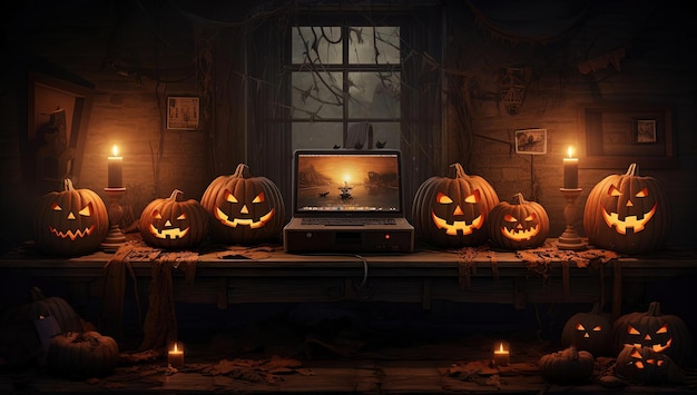 a laptop computer with lit pumpkins in an empty room in the style of goblincore