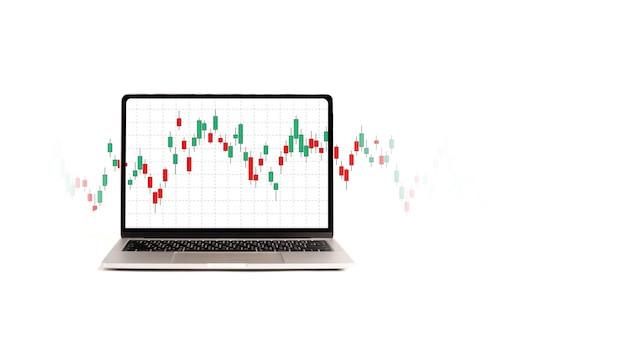 Photo laptop computer with red and green stock market chart on white background, value investment and stock trading concept.