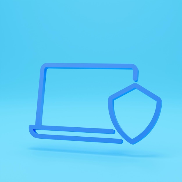 Портативный компьютер с символом защитного щита Защита данных Концепция интернет-безопасности 3d значок Мультяшный минимальный стиль Защита данных в Интернете Концепция виртуальной частной сети