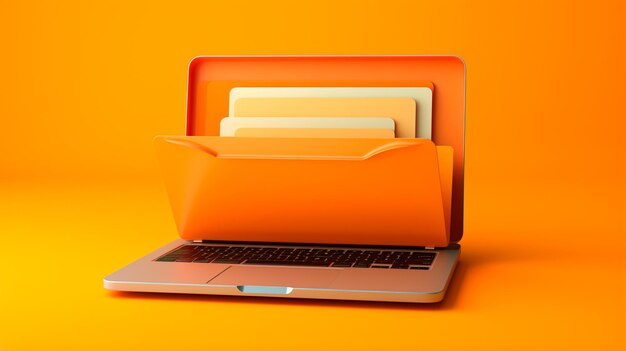 Laptop computer with stack of books on orange background with copy space