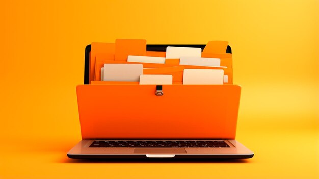 Laptop computer with stack of books on orange background with copy space