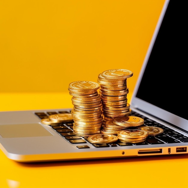 A laptop computer with stacks of gold coins on top of it.