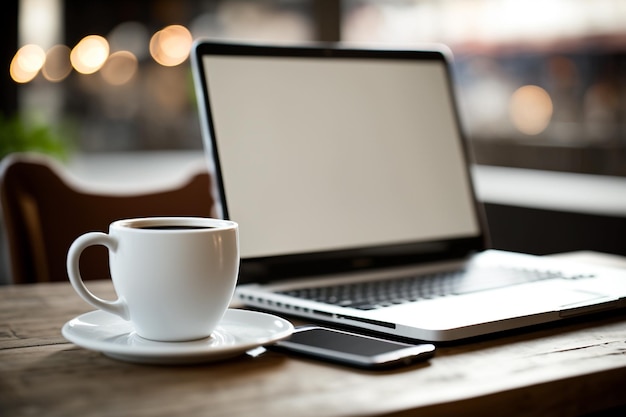 Laptop computer on wooden table with cup of coffee on wooden table Mockup Ai Generated Art Work