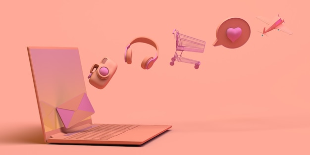 Laptop concept with floating objects Headphones shopping cart games email 3D illustration Copy space