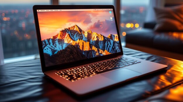 Laptop on a couch with a beautiful mountain landscape on the screen