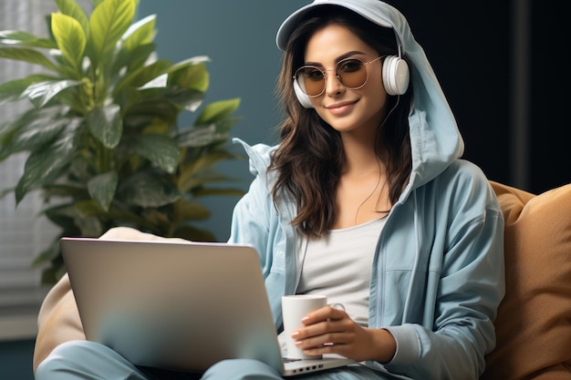 A Laptop and a cup of coffee adding items to her cart while relaxing on the couch Generative AI