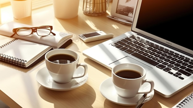 A laptop and a cup of coffee are on a desk with a phone and a phone.