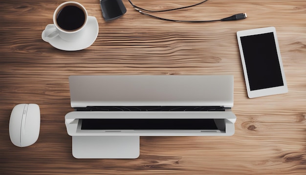 a laptop and a cup of coffee are on a wooden table