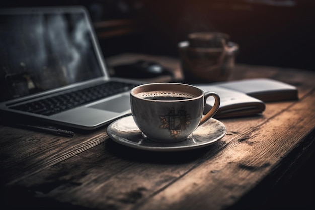 A laptop and a cup of coffee on a desk