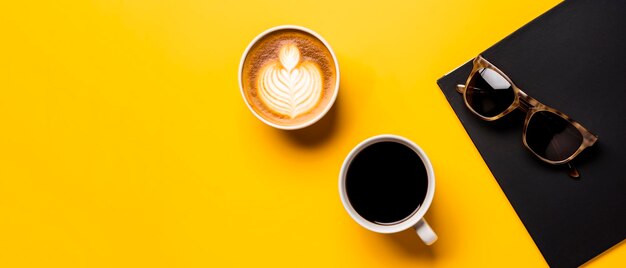 A laptop, a cup of coffee, and a laptop sit on a yellow table