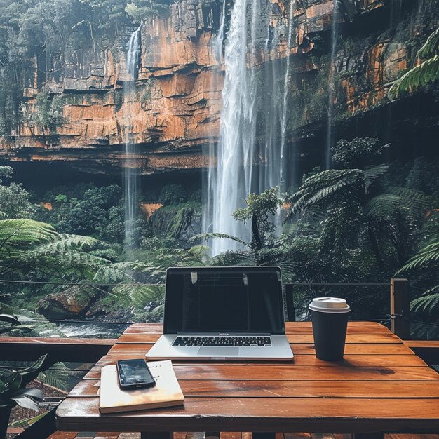 Photo a laptop and a cup of coffee sit on a table in front of a waterfall