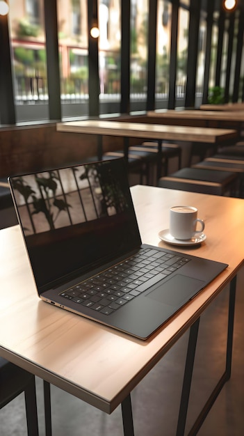 Photo laptop and cup of coffee on table in cafe stock photo