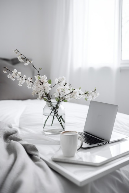 A laptop and a cup of coffee on a table with a book and a vase of flowers.