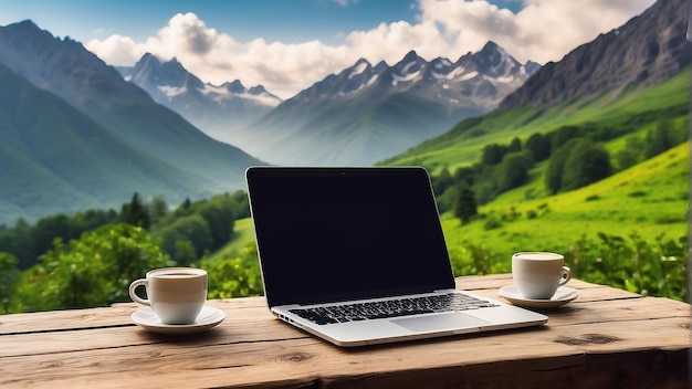 노트북 과 커피 한 잔 이 테이블 위 에 있으며, 배경 에는 산의 풍경 이 있다