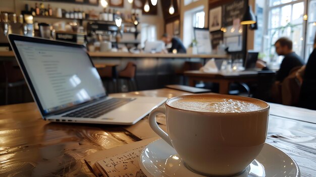 Foto laptop e tazza di caffè sul tavolo di legno in un bar sullo sfondo sfocato con persone irriconoscibili