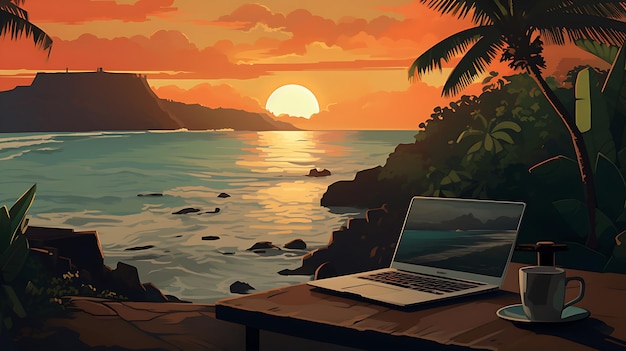 Laptop a cup of coffee on a wooden table on a sunset terrace overlooking the sea