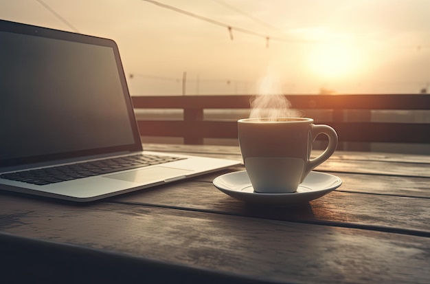 A laptop and a cup of coffee on a wooden table with a sunset in the background