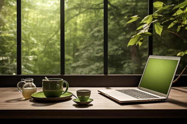 a laptop and a cup of tea on a windowsill with a green tea set next to it.